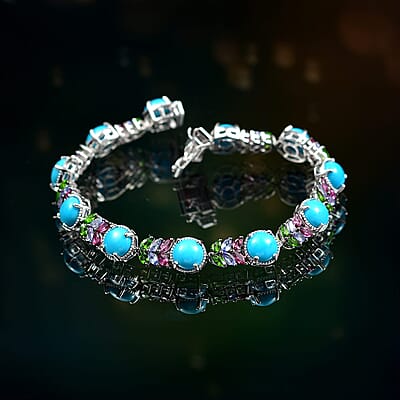 D'Joy Premium Sleeping Beauty Turquoise and Multi Gemstone 13.25 ctw Leaf Bracelet in Rhodium Over Sterling Silver (6.50 In)