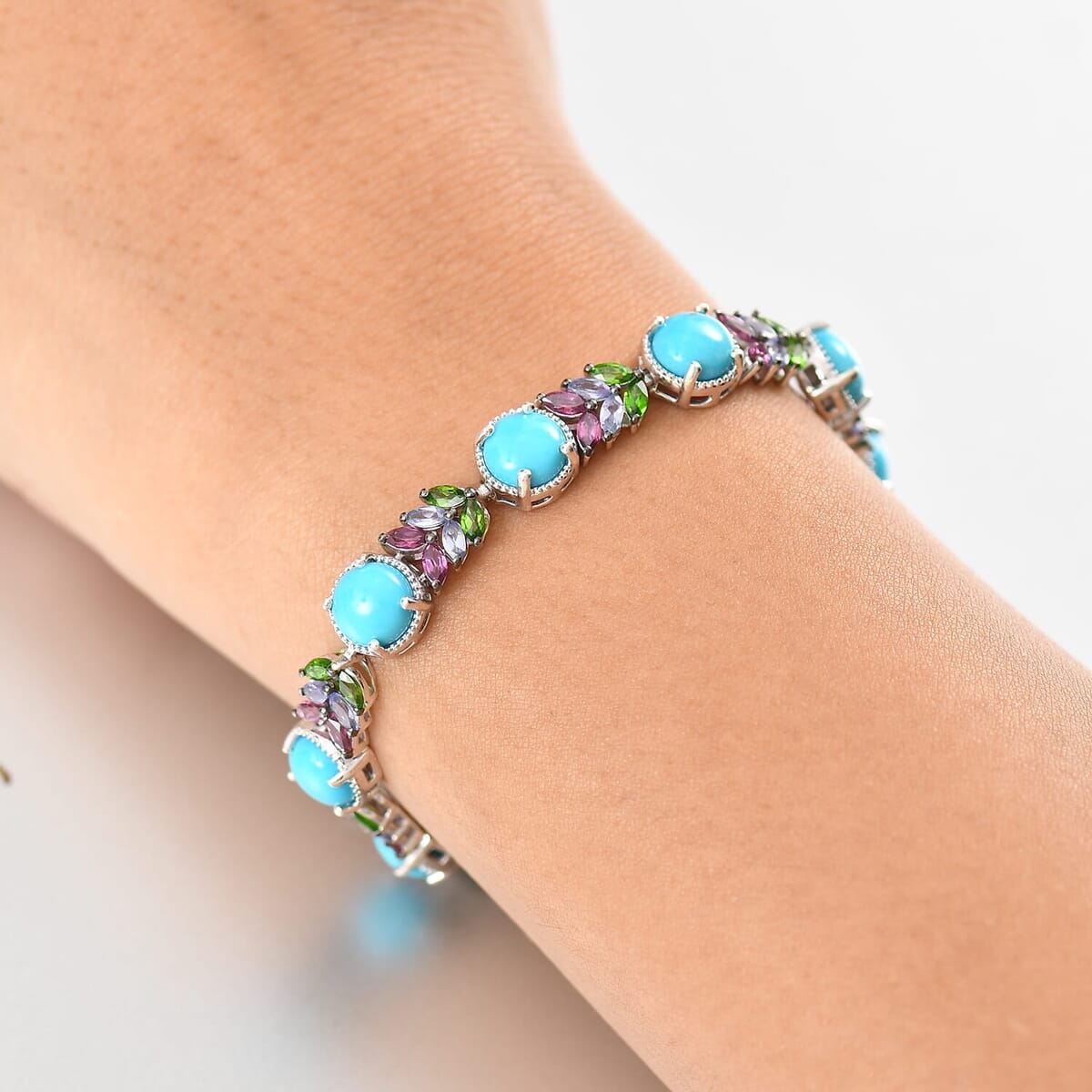 D'Joy Premium Sleeping Beauty Turquoise and Multi Gemstone 13.25 ctw Leaf Bracelet in Rhodium Over Sterling Silver (6.50 In) image number 2