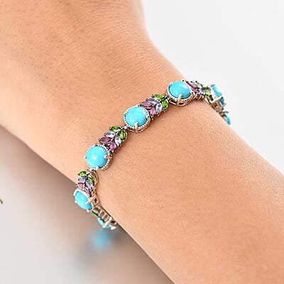 D'Joy Premium Sleeping Beauty Turquoise and Multi Gemstone 13.25 ctw Leaf Bracelet in Rhodium Over Sterling Silver (6.50 In)