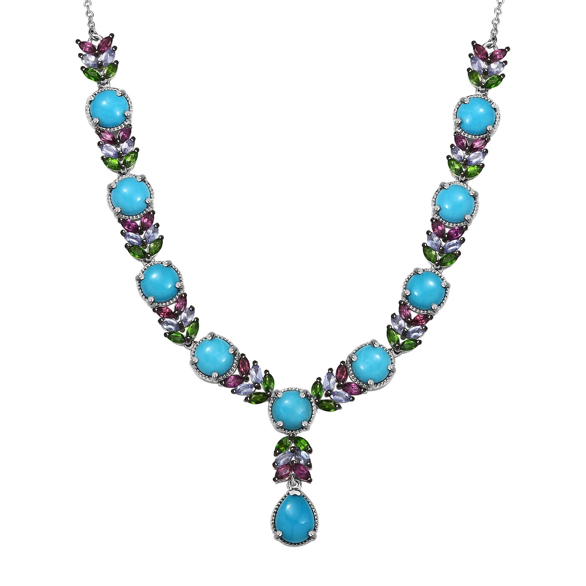D'Joy Premium Sleeping Beauty Turquoise and Multi Gemstone 17.15 ctw Leaf Necklace in Rhodium Over Sterling Silver 18 Inches image number 0