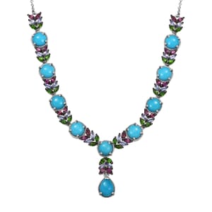 D'Joy Premium Sleeping Beauty Turquoise and Multi Gemstone 17.15 ctw Leaf Necklace in Rhodium Over Sterling Silver 18 Inches