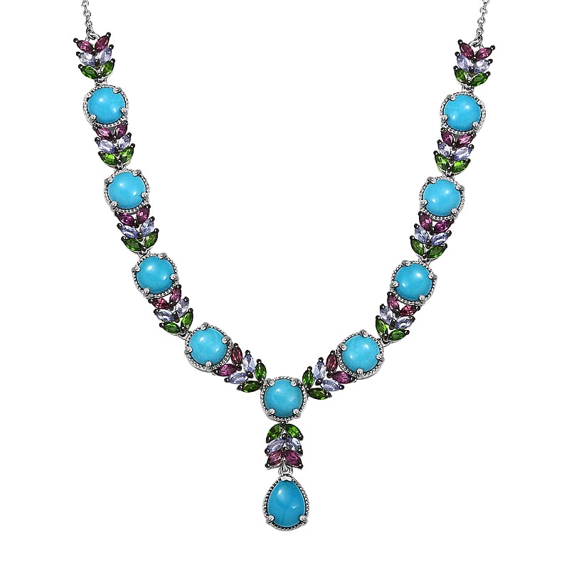 D'Joy Premium Sleeping Beauty Turquoise and Multi Gemstone 17.15 ctw Leaf Necklace in Rhodium Over Sterling Silver 18 Inches