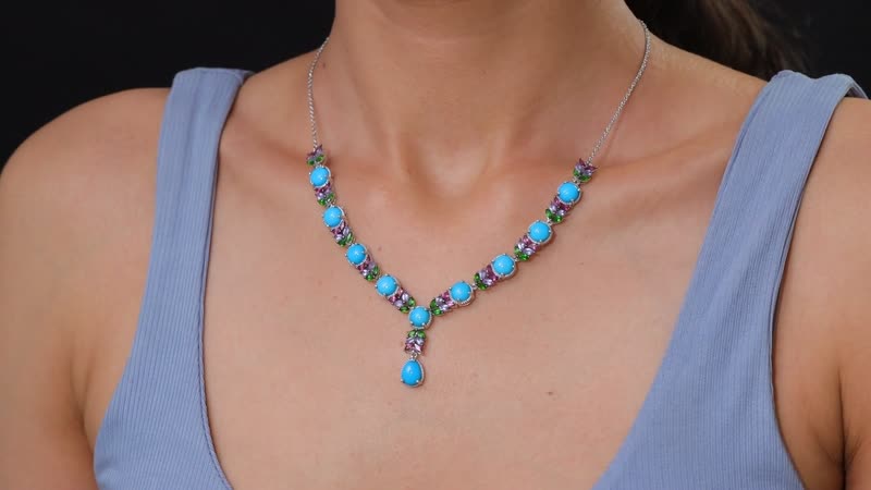 D'Joy Premium Sleeping Beauty Turquoise and Multi Gemstone 17.15 ctw Leaf Necklace in Rhodium Over Sterling Silver 18 Inches