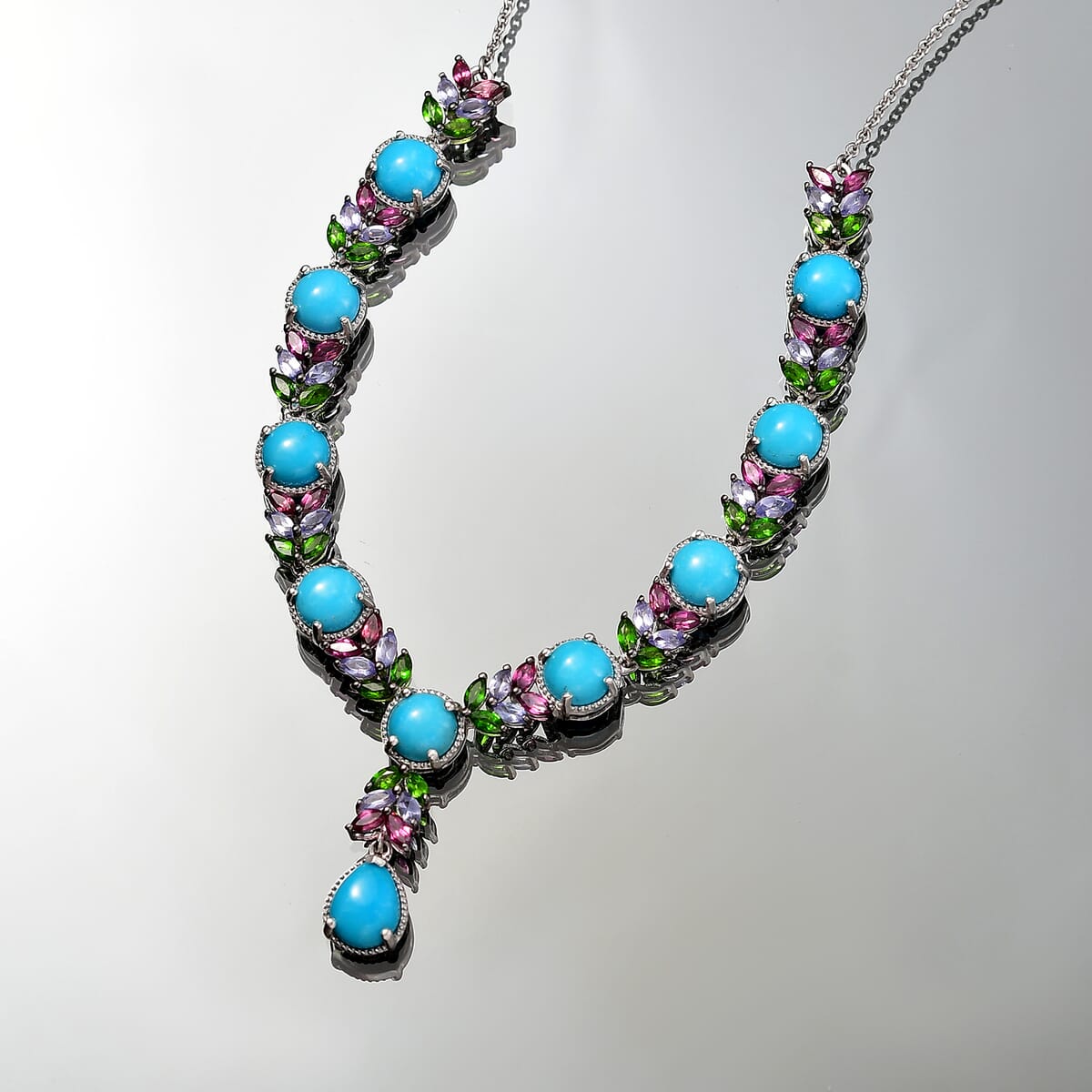 D'Joy Premium Sleeping Beauty Turquoise and Multi Gemstone 17.15 ctw Leaf Necklace in Rhodium Over Sterling Silver 18 Inches image number 1