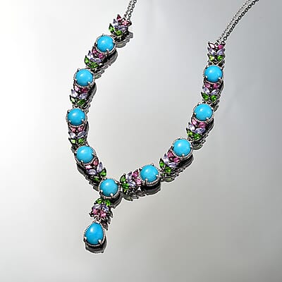 D'Joy Premium Sleeping Beauty Turquoise and Multi Gemstone 17.15 ctw Leaf Necklace in Rhodium Over Sterling Silver 18 Inches