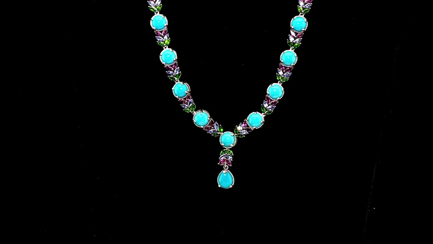 D'Joy Premium Sleeping Beauty Turquoise and Multi Gemstone 17.15 ctw Leaf Necklace in Rhodium Over Sterling Silver 18 Inches