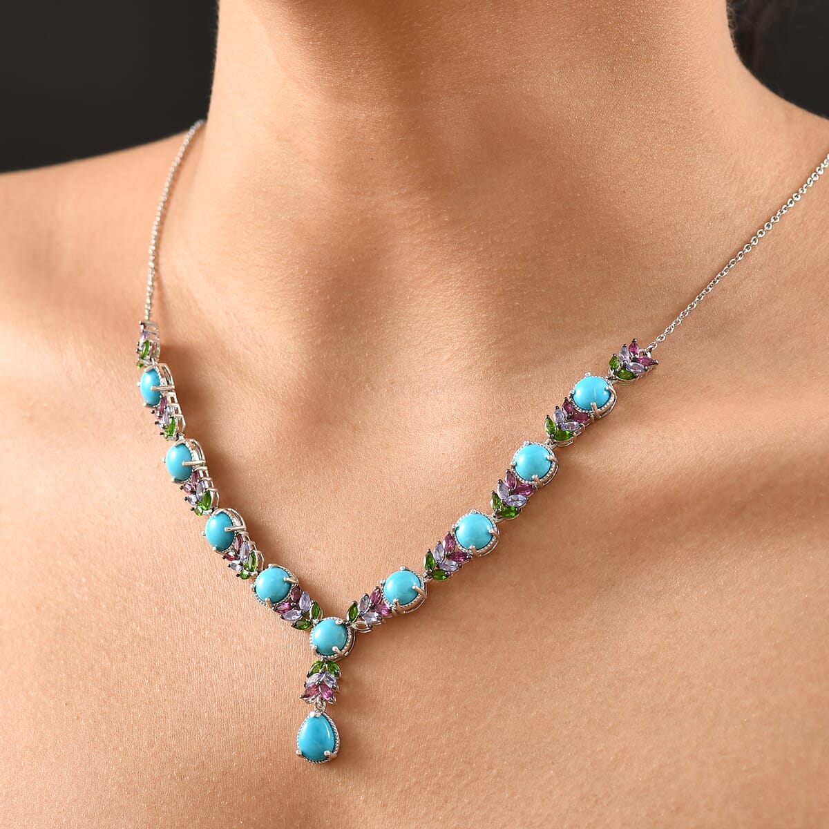 D'Joy Premium Sleeping Beauty Turquoise and Multi Gemstone 17.15 ctw Leaf Necklace in Rhodium Over Sterling Silver 18 Inches image number 2