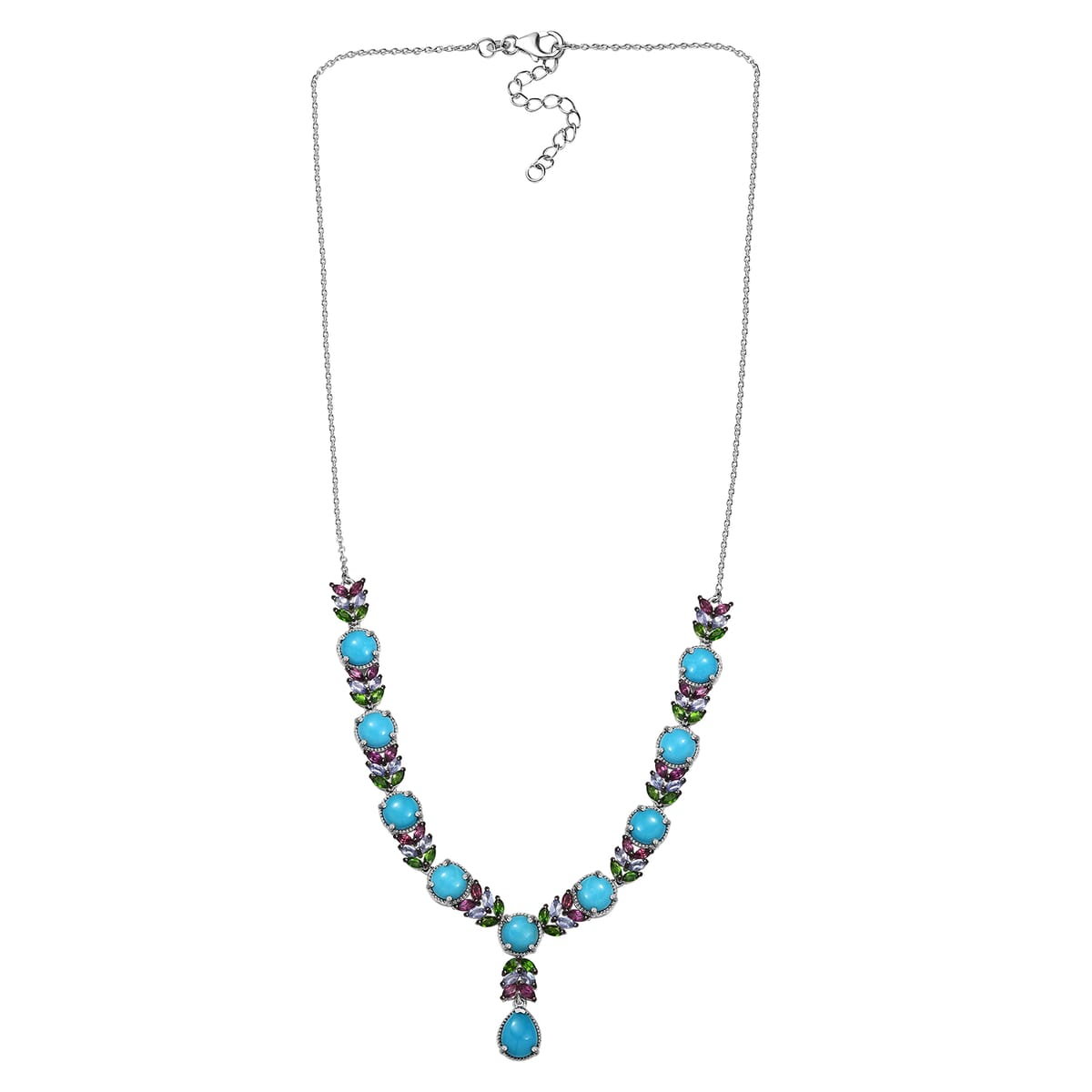 D'Joy Premium Sleeping Beauty Turquoise and Multi Gemstone 17.15 ctw Leaf Necklace in Rhodium Over Sterling Silver 18 Inches image number 3