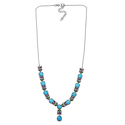 D'Joy Premium Sleeping Beauty Turquoise and Multi Gemstone 17.15 ctw Leaf Necklace in Rhodium Over Sterling Silver 18 Inches