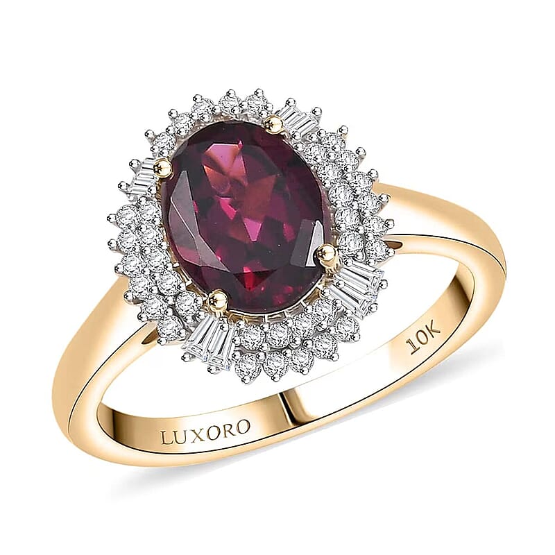 Luxoro AAA Radiant Ember Garnet and I2 Diamond 2.70 ctw Crown Jewel Ring in 10K Yellow Gold (Size 7.0)