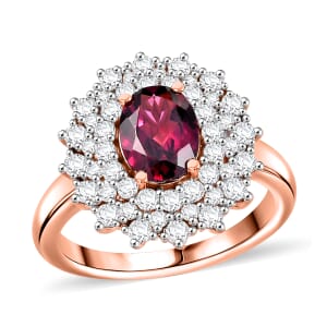 D'Joy AAA Radiant Ember Garnet and Moissanite 2.15 ctw Royal Bloom Ring in 18K Vermeil Rose Gold Over Sterling Silver (Size 10.0)