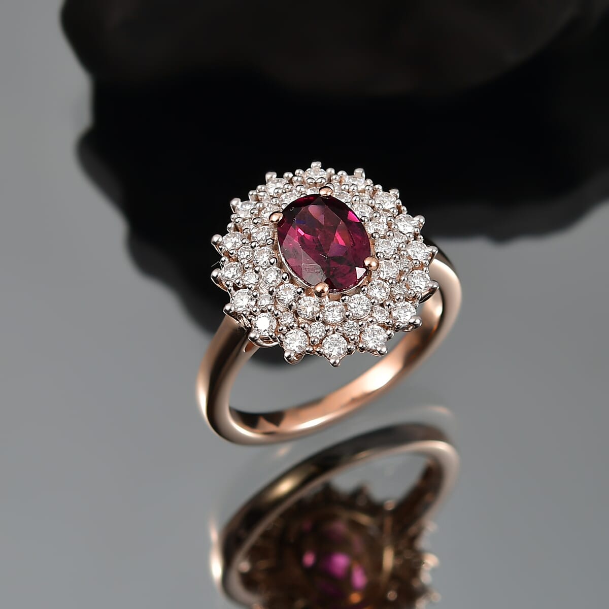 D'Joy AAA Radiant Ember Garnet and Moissanite 2.15 ctw Royal Bloom Ring in 18K Vermeil Rose Gold Over Sterling Silver (Size 10.0) image number 1