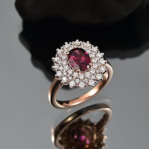 D'Joy AAA Radiant Ember Garnet and Moissanite 2.15 ctw Royal Bloom Ring in 18K Vermeil Rose Gold Over Sterling Silver (Size 9.0)