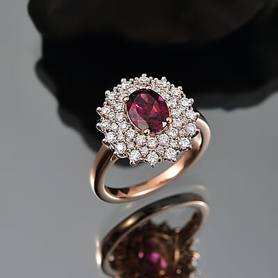 D'Joy AAA Radiant Ember Garnet and Moissanite 2.15 ctw Royal Bloom Ring in 18K Vermeil Rose Gold Over Sterling Silver (Size 9.0)