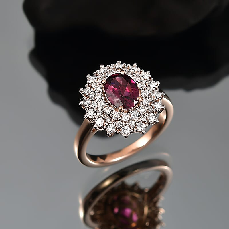 D'Joy AAA Radiant Ember Garnet and Moissanite 2.15 ctw Royal Bloom Ring in 18K Vermeil Rose Gold Over Sterling Silver (Size 9.0)