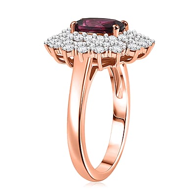 D'Joy AAA Radiant Ember Garnet and Moissanite 2.15 ctw Royal Bloom Ring in 18K Vermeil Rose Gold Over Sterling Silver (Size 9.0)