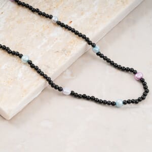 Multi Color Freshwater Pearl and Thai Black Spinel Station 55.00 ctw Necklace in Stainless Steel 24 Inches