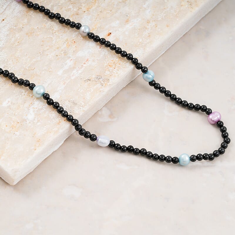 Multi Color Freshwater Pearl and Thai Black Spinel Station 55.00 ctw Necklace in Stainless Steel 24 Inches