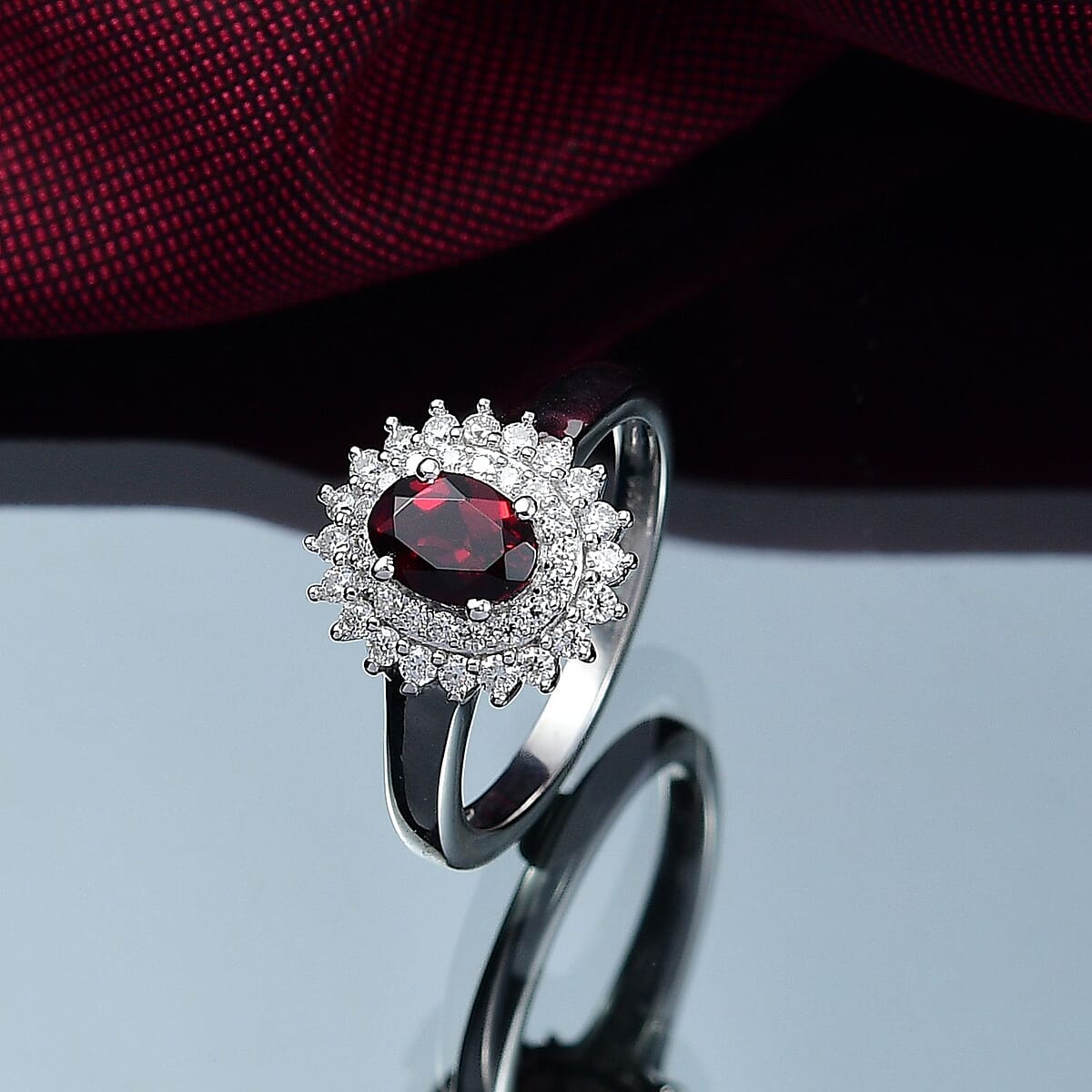 D'Joy Premium Anthill Garnet and Moissanite 1.40 ctw Sunburst Ring in Rhodium Over Sterling Silver (Size 5.0) image number 1