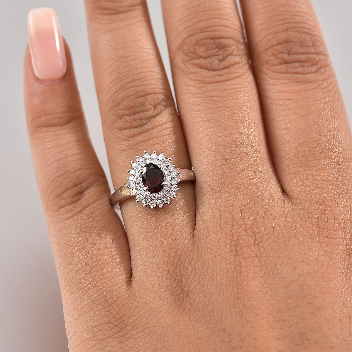D'Joy Premium Anthill Garnet and Moissanite 1.40 ctw Sunburst Ring in Rhodium Over Sterling Silver (Size 5.0) image number 2