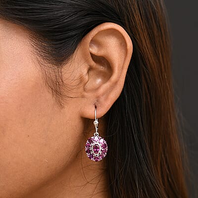 D'Joy Orissa Rhodolite Garnet 7.20 ctw Dahlia Flower Earrings in Rhodium Over Sterling Silver