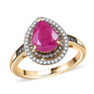 Luxoro AAA Royal Ruby, Natural Champagne and White Diamond I2 2.50 ctw Dewdrop Ring in 10K Yellow Gold (Size 6.0)