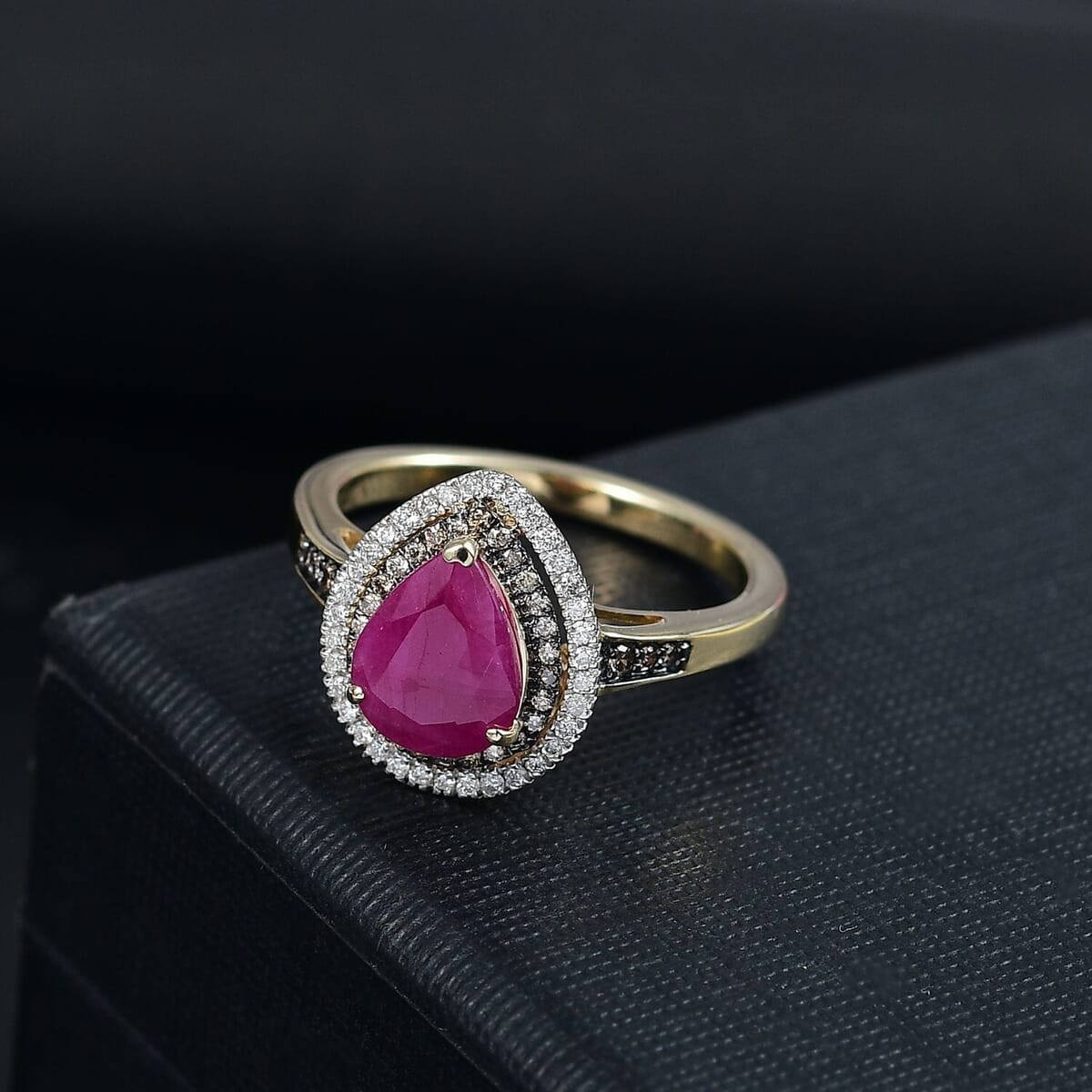 Luxoro AAA Royal Ruby, Natural Champagne and White Diamond I2 2.50 ctw Dewdrop Ring in 10K Yellow Gold (Size 6.0) image number 1
