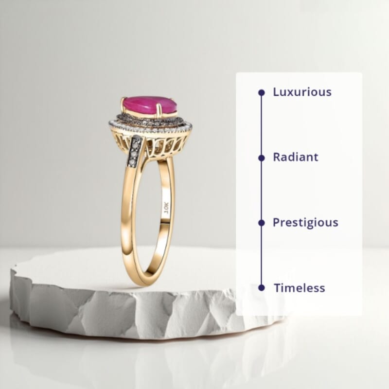 Luxoro AAA Royal Ruby, Natural Champagne and White Diamond I2 2.50 ctw Dewdrop Ring in 10K Yellow Gold (Size 6.0)