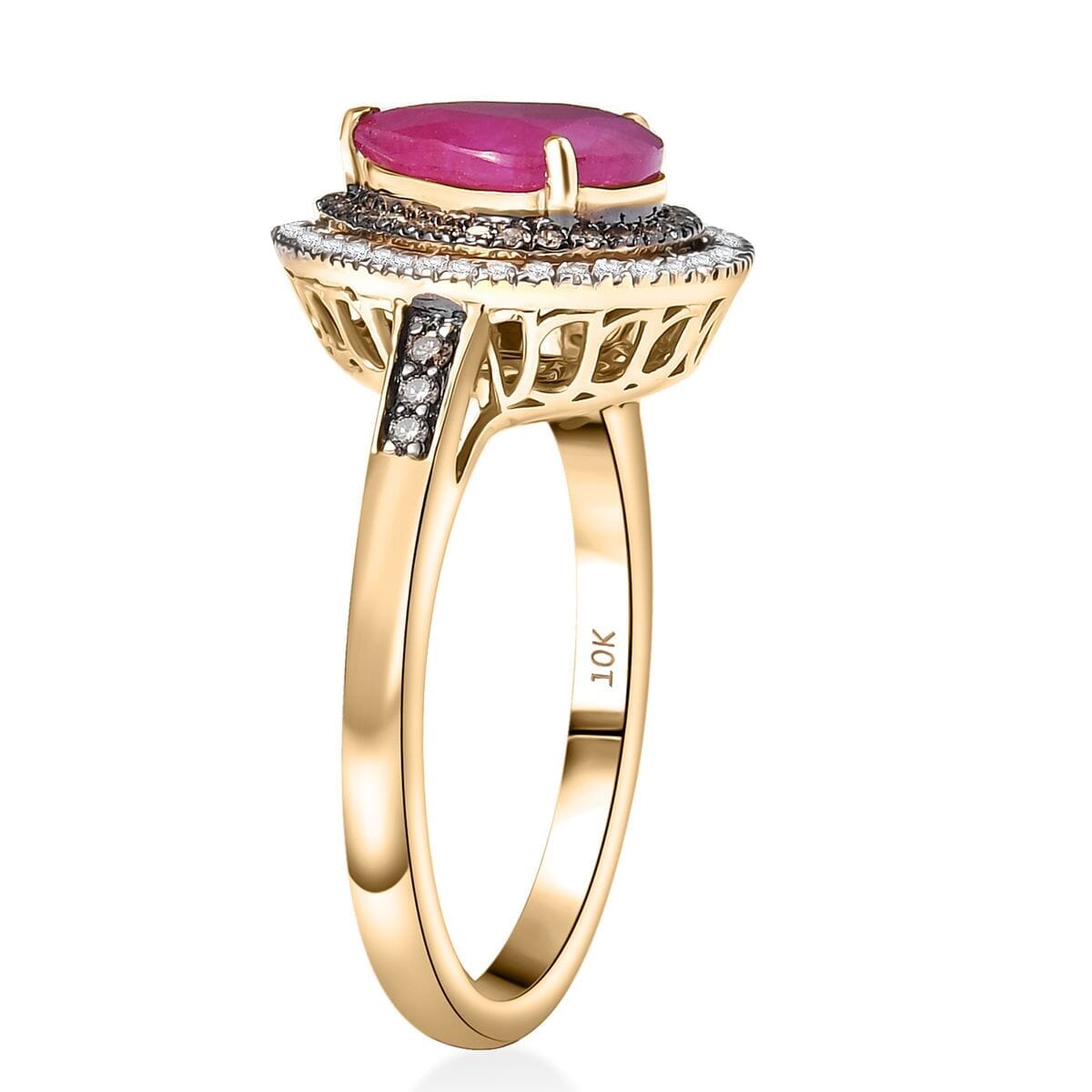 Luxoro AAA Royal Ruby, Natural Champagne and White Diamond I2 2.50 ctw Dewdrop Ring in 10K Yellow Gold (Size 6.0) image number 3
