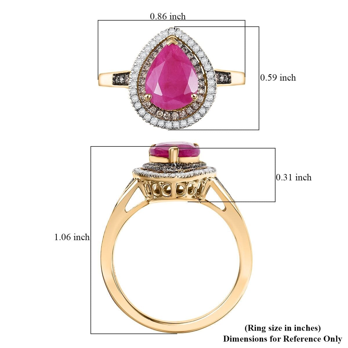 Luxoro AAA Royal Ruby, Natural Champagne and White Diamond I2 2.50 ctw Dewdrop Ring in 10K Yellow Gold (Size 6.0) image number 5