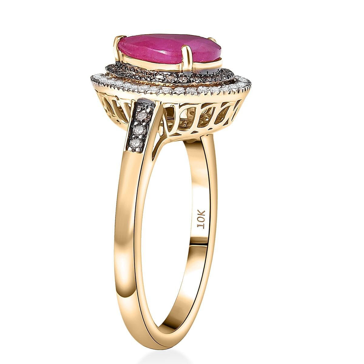 Luxoro AAA Royal Ruby, Natural Champagne and White Diamond I2 2.50 ctw Dewdrop Ring in 10K Yellow Gold (Size 8.0) image number 3