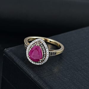 Luxoro AAA Royal Ruby, Natural Champagne and White Diamond I2 2.50 ctw Dewdrop Ring in 10K Yellow Gold (Size 9.0)