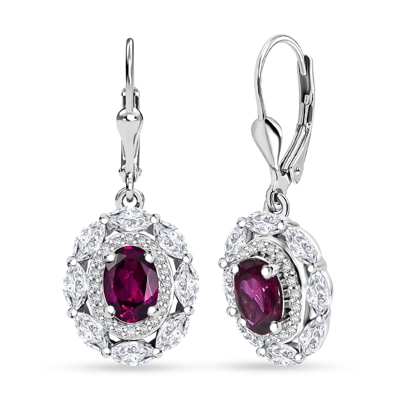 D'Joy Orissa Rhodolite Garnet and White Zircon 4.00 ctw Floral Earrings in Rhodium Over Sterling Silver
