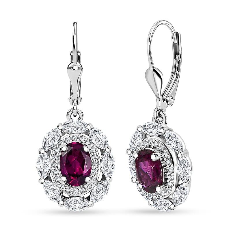 D'Joy Orissa Rhodolite Garnet and White Zircon 4.00 ctw Floral Earrings in Rhodium Over Sterling Silver
