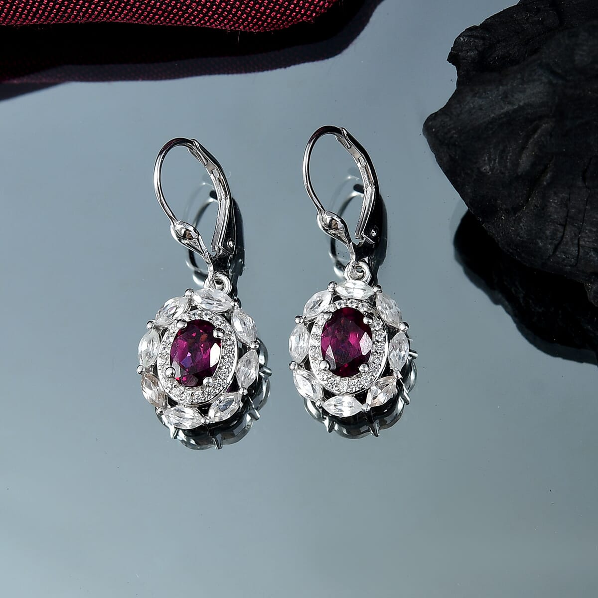 D'Joy Orissa Rhodolite Garnet and White Zircon 4.00 ctw Floral Earrings in Rhodium Over Sterling Silver image number 1