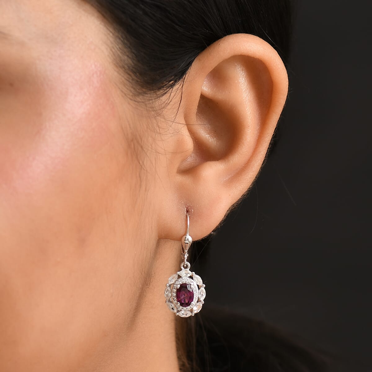 D'Joy Orissa Rhodolite Garnet and White Zircon 4.00 ctw Floral Earrings in Rhodium Over Sterling Silver image number 2