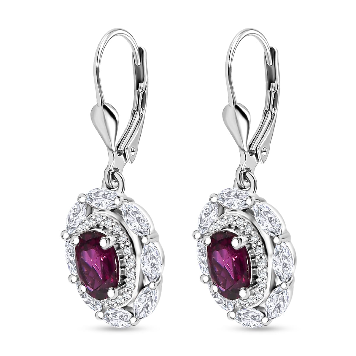 D'Joy Orissa Rhodolite Garnet and White Zircon 4.00 ctw Floral Earrings in Rhodium Over Sterling Silver image number 3