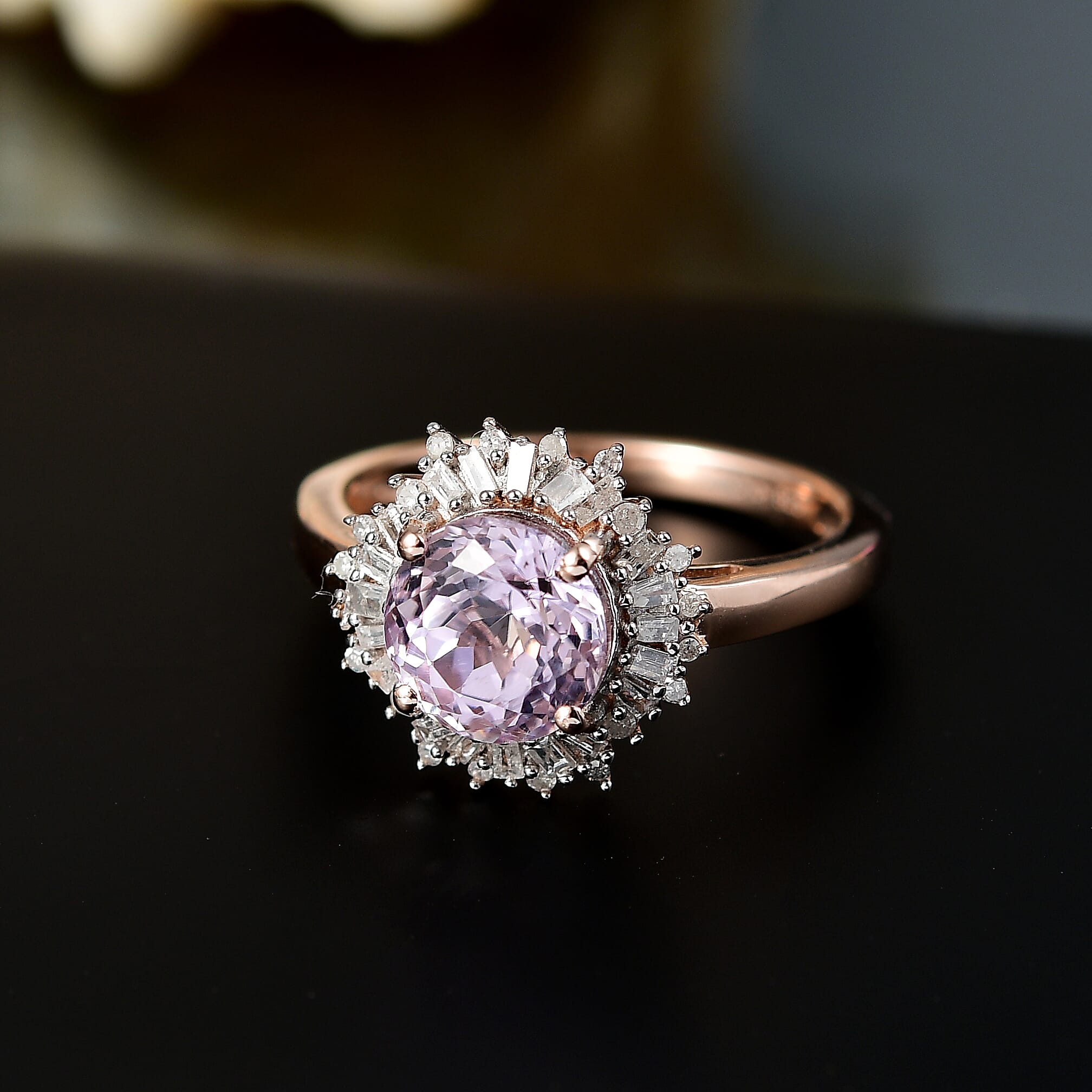 D'Joy Premium Martha Rocha Kunzite and Diamond 2.85 ctw Twilight Bloom Ring in 18K Vermeil Rose Gold Over Sterling Silver (Size 10.0)
