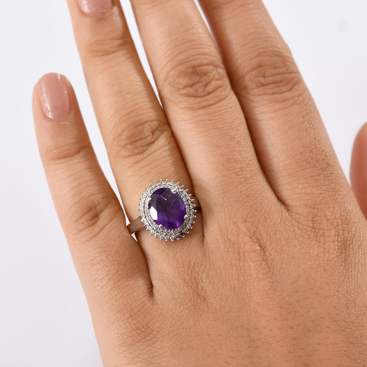 Karis African Amethyst and White Zircon 3.60 ctw Floral Ring in Platinum Bond (Size 10.0) image number 2