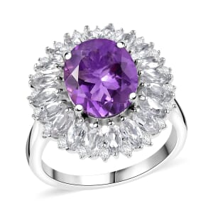 Karis African Amethyst and Multi Gemstone 5.50 ctw Sunflower Ring in Platinum Bond (Size 10.0)