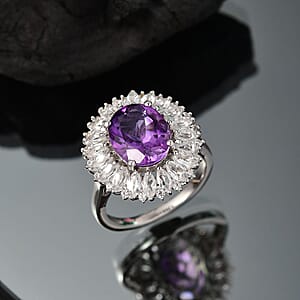 Karis African Amethyst and Multi Gemstone 5.50 ctw Sunflower Ring in Platinum Bond (Size 10.0)