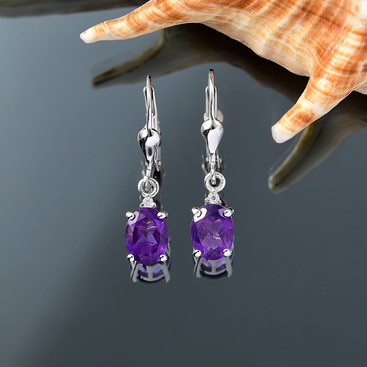 D'Joy African Amethyst and White Zircon 2.30 ctw Lever Back Earrings in Rhodium Over Sterling Silver  image number 1