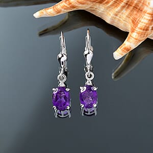 D'Joy African Amethyst and White Zircon 2.30 ctw Lever Back Earrings in Rhodium Over Sterling Silver 