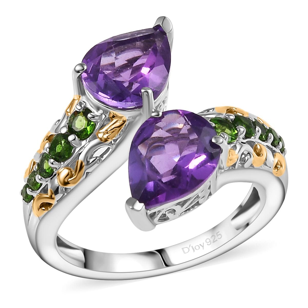 D'Joy African Amethyst and Chrome Diopside 3.25 ctw Bypass Bell Flower Ring in 18K Vermeil Yellow Gold and Platinum Over Sterling Silver (Size 10.0) image number 0