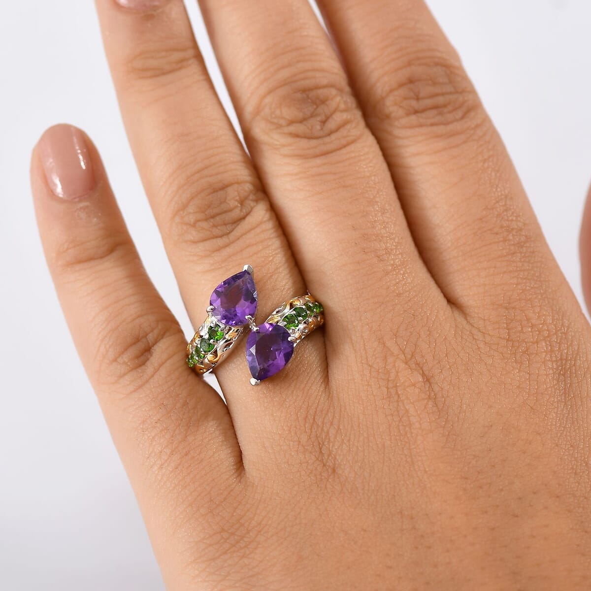 D'Joy African Amethyst and Chrome Diopside 3.25 ctw Bypass Bell Flower Ring in 18K Vermeil Yellow Gold and Platinum Over Sterling Silver (Size 10.0) image number 2