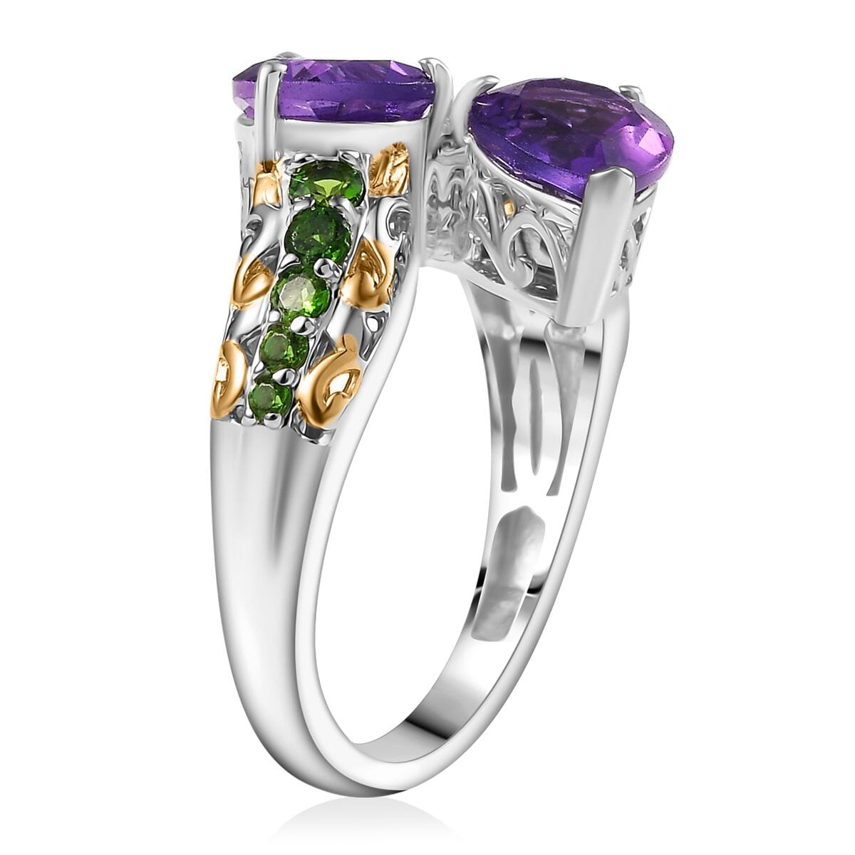 D'Joy African Amethyst and Chrome Diopside 3.25 ctw Bypass Bell Flower Ring in 18K Vermeil Yellow Gold and Platinum Over Sterling Silver (Size 10.0) image number 3