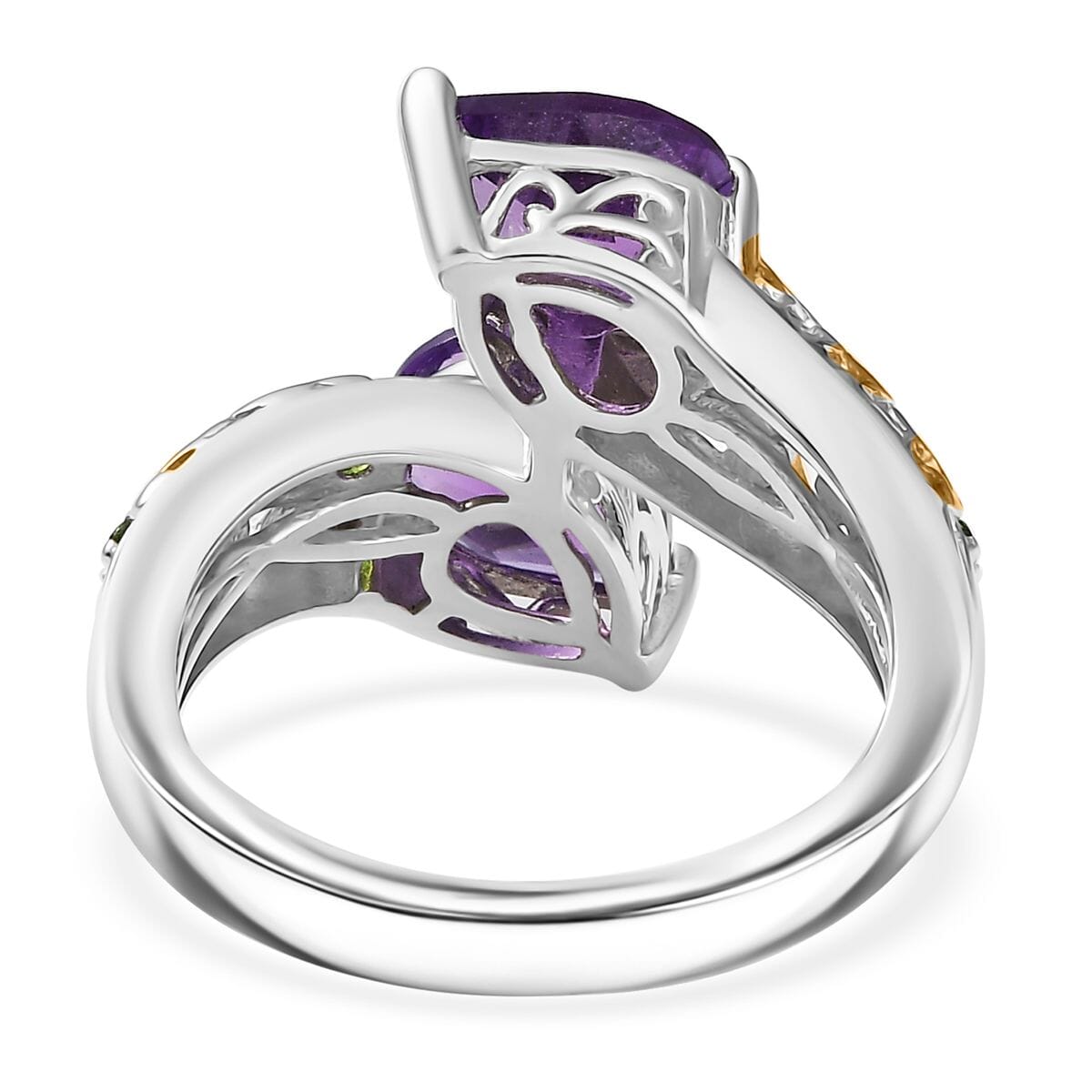 D'Joy African Amethyst and Chrome Diopside 3.25 ctw Bypass Bell Flower Ring in 18K Vermeil Yellow Gold and Platinum Over Sterling Silver (Size 10.0) image number 4