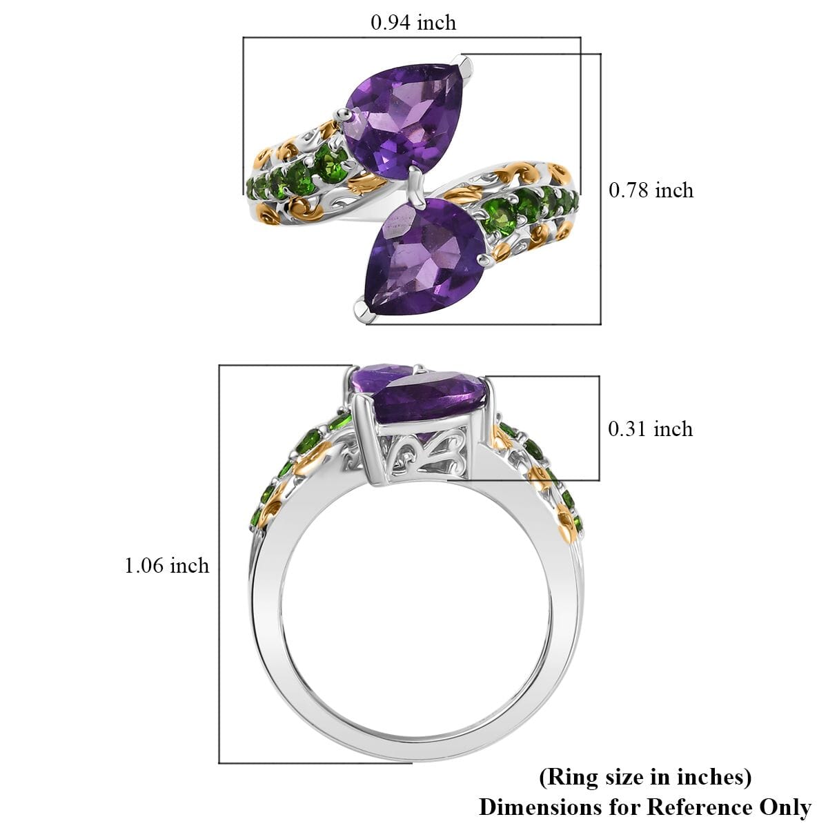 D'Joy African Amethyst and Chrome Diopside 3.25 ctw Bypass Bell Flower Ring in 18K Vermeil Yellow Gold and Platinum Over Sterling Silver (Size 10.0) image number 5