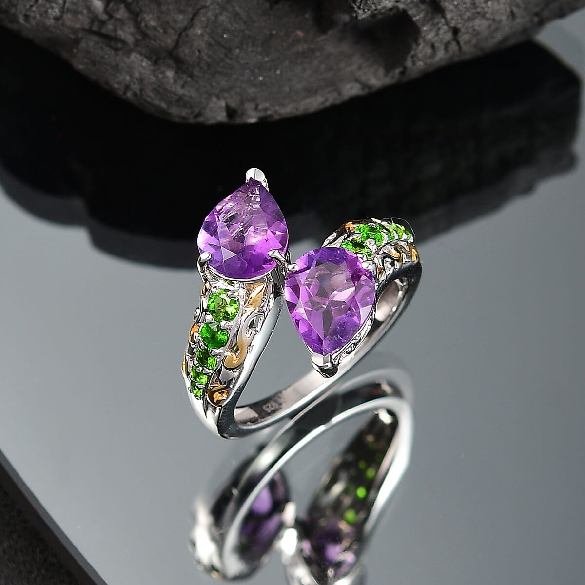 D'Joy African Amethyst and Chrome Diopside 3.25 ctw Bypass Bell Flower Ring in 18K Vermeil Yellow Gold and Platinum Over Sterling Silver (Size 6.0) image number 1