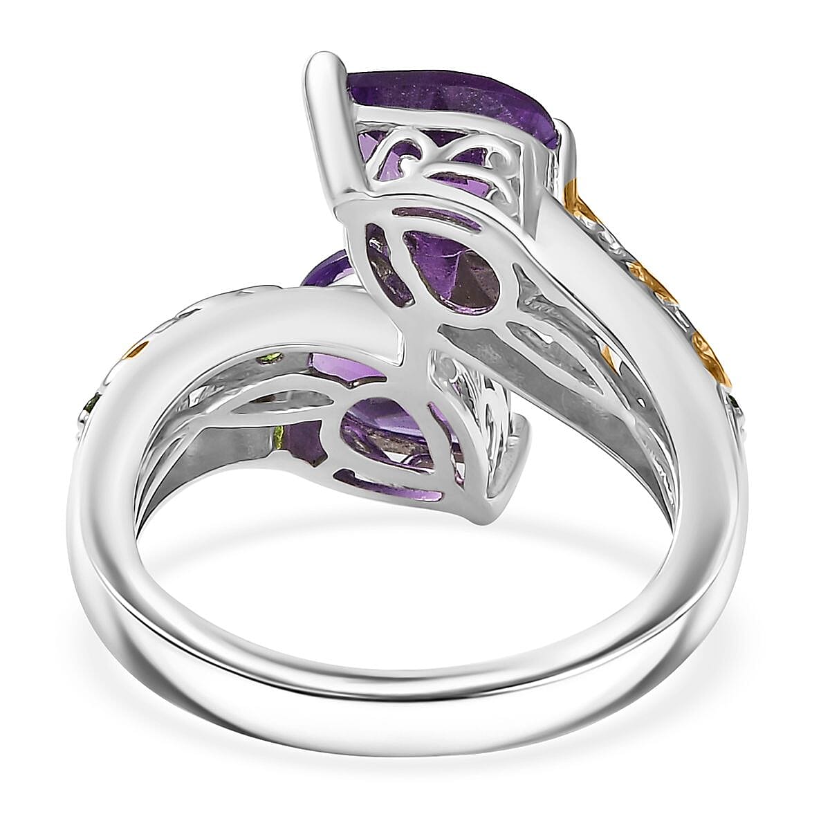 D'Joy African Amethyst and Chrome Diopside 3.25 ctw Bypass Bell Flower Ring in 18K Vermeil Yellow Gold and Platinum Over Sterling Silver (Size 6.0) image number 4